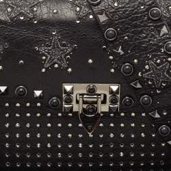 Valentino Black Leather Medium Star Crystal Rolling Rockstud Shoulder Bag