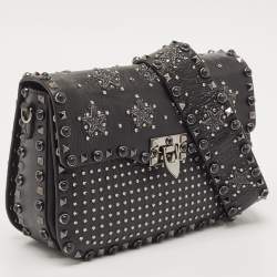 Valentino Black Leather Medium Star Crystal Rolling Rockstud Shoulder Bag