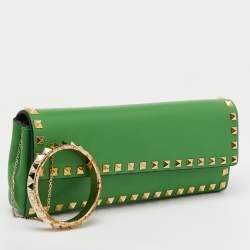 Valentino Green Leather Rockstud Bracelet Clutch