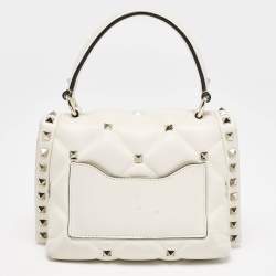 Pre Owned Valentino Off White Quilted Leather Mini Candystud Top Handle Bag