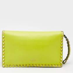 Valentino Neon Yellow Leather Rockstud Flap Wristlet Clutch