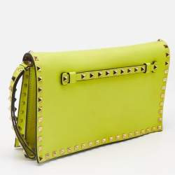 Valentino Neon Yellow Leather Rockstud Flap Wristlet Clutch