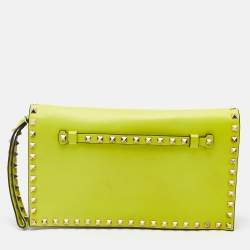 Valentino Neon Yellow Leather Rockstud Flap Wristlet Clutch