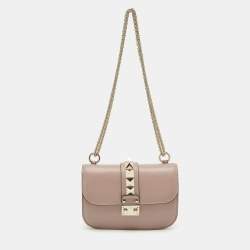 Pre Owned Valentino Beige Leather Small Rockstud Glam Lock Flap Bag