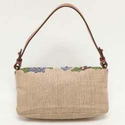 Pre Owned Valentino Beige/Brown Leather and Wicker Embellished V Logo Shoulder Bag