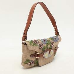 Pre Owned Valentino Beige/Brown Leather and Wicker Embellished V Logo Shoulder Bag