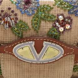 Pre Owned Valentino Beige/Brown Leather and Wicker Embellished V Logo Shoulder Bag