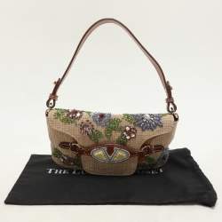 Pre Owned Valentino Beige/Brown Leather and Wicker Embellished V Logo Shoulder Bag