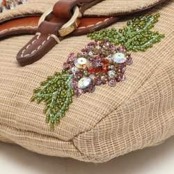 Pre Owned Valentino Beige/Brown Leather and Wicker Embellished V Logo Shoulder Bag