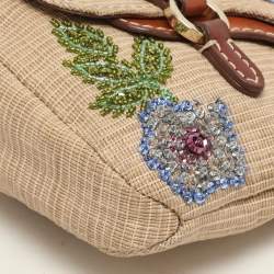 Pre Owned Valentino Beige/Brown Leather and Wicker Embellished V Logo Shoulder Bag