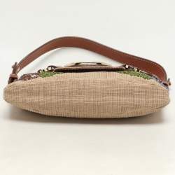 Pre Owned Valentino Beige/Brown Leather and Wicker Embellished V Logo Shoulder Bag