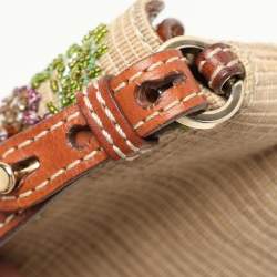 Pre Owned Valentino Beige/Brown Leather and Wicker Embellished V Logo Shoulder Bag