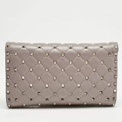 Valentino Beige Quilted Leather Rockstud Spike Wallet On Chain