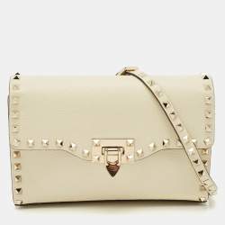 Valentino Off White Leather Rockstud Flap Shoulder Bag