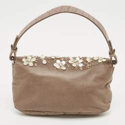 Pre Owned Valentino Beige Croc Embossed and Leather Pearl Embellished VLogo Shoulder Bag