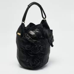 Valentino Black Leather Rosette Bucket Bag