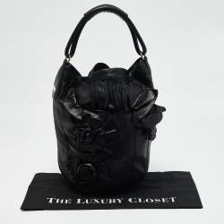 Valentino Black Leather Rosette Bucket Bag
