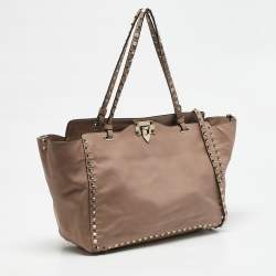Valentino Beige Leather Medium Rockstud Trapeze Tote
