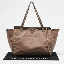 Valentino Beige Leather Medium Rockstud Trapeze Tote
