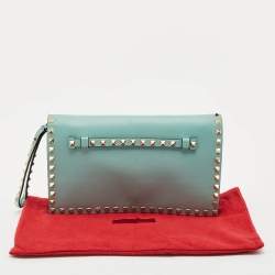 Valentino Light Green Leather Rockstud Flap Wristlet Clutch