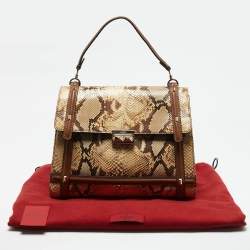 Valentino Cream/Brown Leather and Python Rockstud Flap Tote