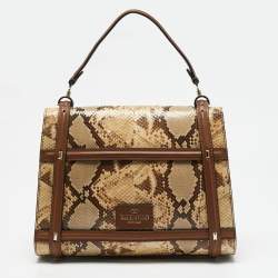 Valentino Cream/Brown Leather and Python Rockstud Flap Tote