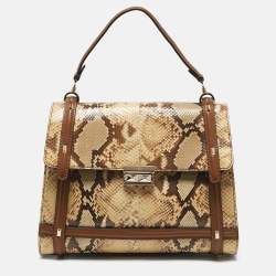 Valentino Cream/Brown Leather and Python Rockstud Flap Tote