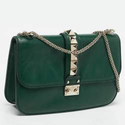 Valentino Green Leather Medium Rockstud Glam Lock Flap Bag