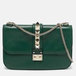 Valentino Green Leather Medium Rockstud Glam Lock Flap Bag