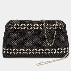 Valentino Black Satin Crystals Frame Chain Clutch