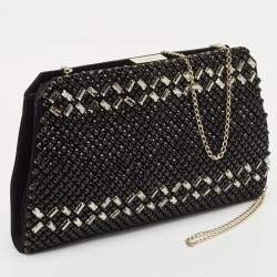 Valentino Black Satin Crystals Frame Chain Clutch