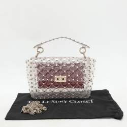 Valentino Clear/Red PVC Medium Rockstud Spike Top Handle Bag