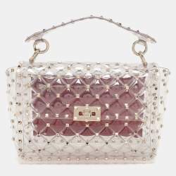 Valentino Clear/Red PVC Medium Rockstud Spike Top Handle Bag
