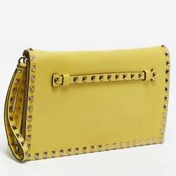 Valentino Yellow Leather Rockstud Flap Wristlet Clutch