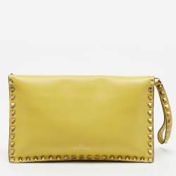 Valentino Yellow Leather Rockstud Flap Wristlet Clutch