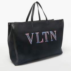 Valentino Dark Blue/Black Canvas and Leather VLTN Weekender Tote