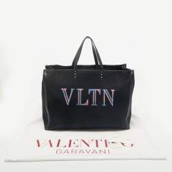 Valentino Dark Blue/Black Canvas and Leather VLTN Weekender Tote