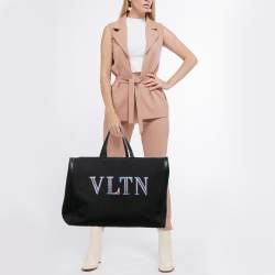 Valentino Dark Blue/Black Canvas and Leather VLTN Weekender Tote