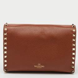 Pre Owned Valentino Brown Leather Rockstud Flap Crossbody Bag