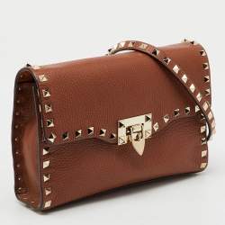 Pre Owned Valentino Brown Leather Rockstud Flap Crossbody Bag