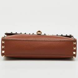 Pre Owned Valentino Brown Leather Rockstud Flap Crossbody Bag