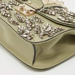 Valentino Olive Green Leather Small Rockstud Glam Lock Crystals Flap Bag