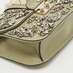 Valentino Olive Green Leather Small Rockstud Glam Lock Crystals Flap Bag