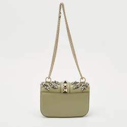 Valentino Olive Green Leather Small Rockstud Glam Lock Crystals Flap Bag