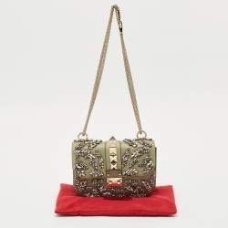Valentino Olive Green Leather Small Rockstud Glam Lock Crystals Flap Bag