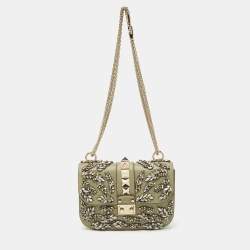 Valentino Olive Green Leather Small Rockstud Glam Lock Crystals Flap Bag