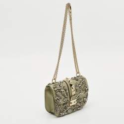 Valentino Olive Green Leather Small Rockstud Glam Lock Crystals Flap Bag