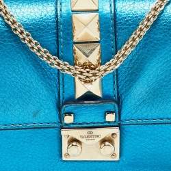 Pre Owned Valentino Metallic Blue Leather Small Rockstud Glam Lock Flap Bag