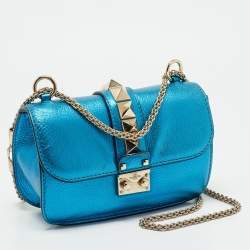 Pre Owned Valentino Metallic Blue Leather Small Rockstud Glam Lock Flap Bag