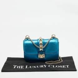 Pre Owned Valentino Metallic Blue Leather Small Rockstud Glam Lock Flap Bag